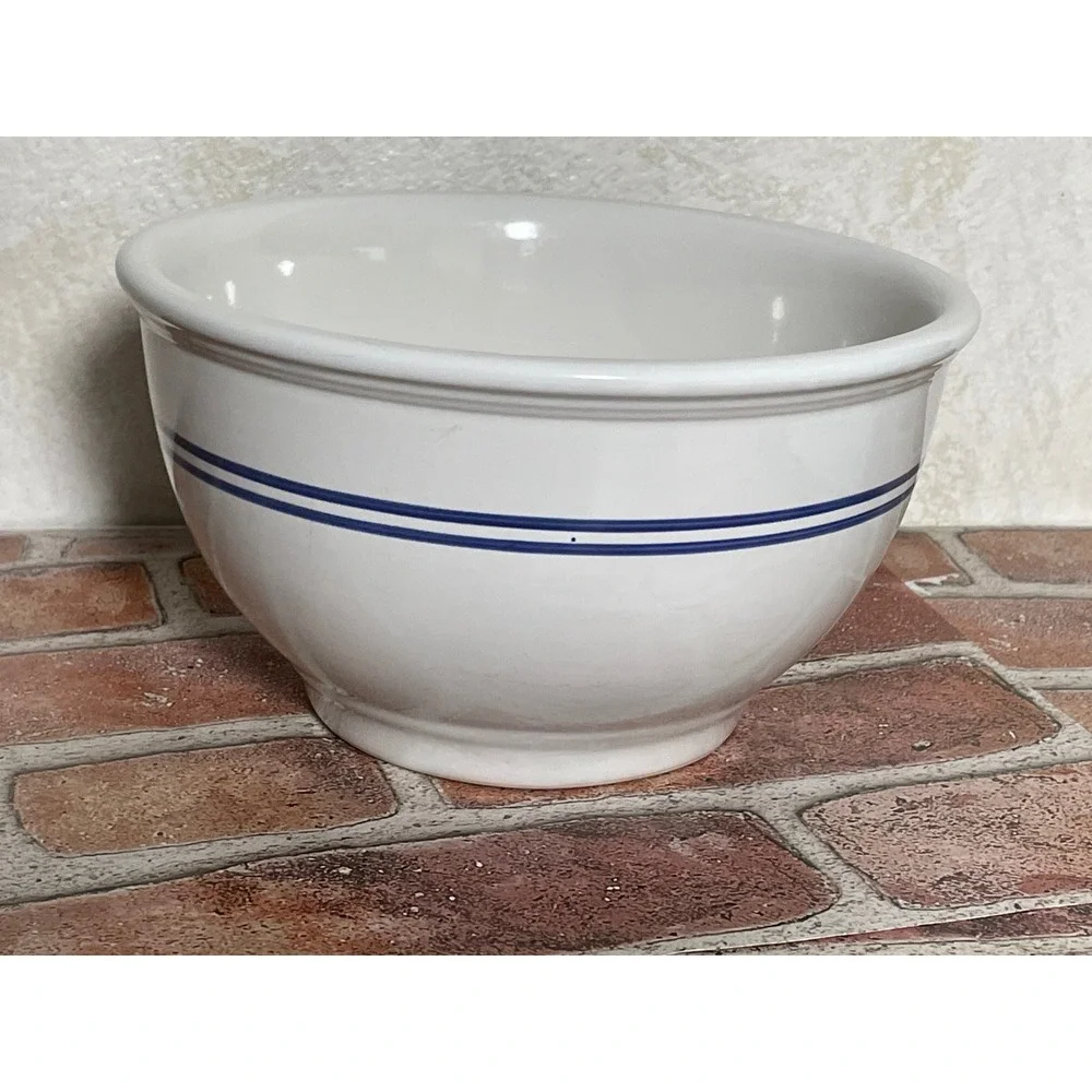 Gibson China White Ceramic Mixing Bowl Blue Double Stripe Farmhouse Stoneware